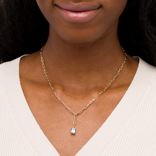 Emerald-Cut Swiss Blue Topaz Solitaire and Paper Clip Chain "Y" Necklace in 10K Gold