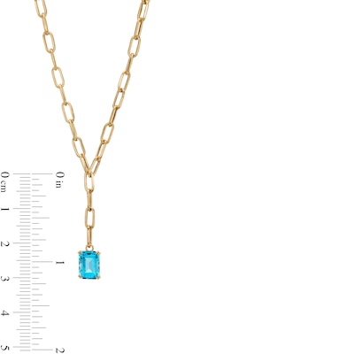 Emerald-Cut Swiss Blue Topaz Solitaire and Paper Clip Chain "Y" Necklace in 10K Gold