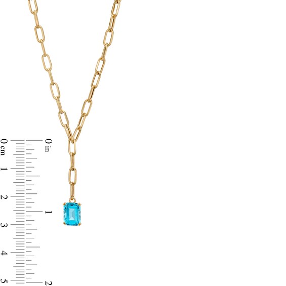 Emerald-Cut Swiss Blue Topaz Solitaire and Paper Clip Chain "Y" Necklace in 10K Gold