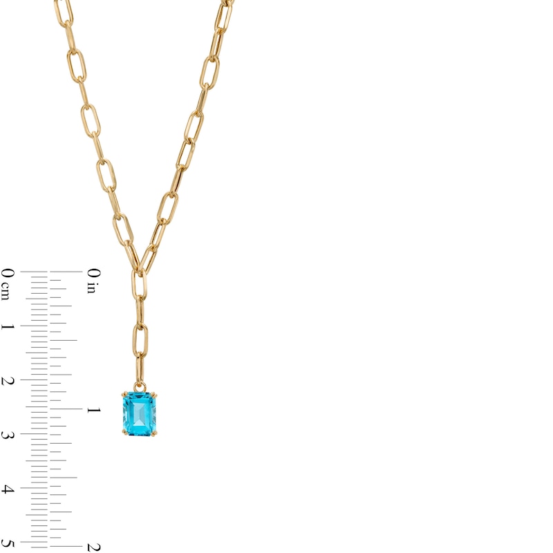 Emerald-Cut Swiss Blue Topaz Solitaire and Paper Clip Chain "Y" Necklace in 10K Gold