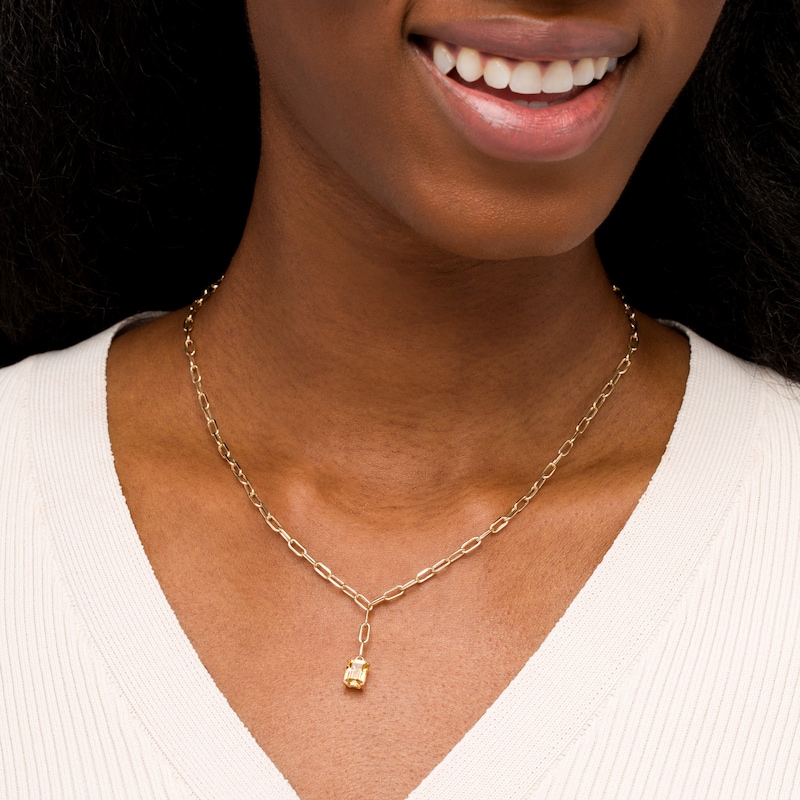 Emerald-Cut Citrine Solitaire and Paper Clip Chain "Y" Necklace in 10K Gold