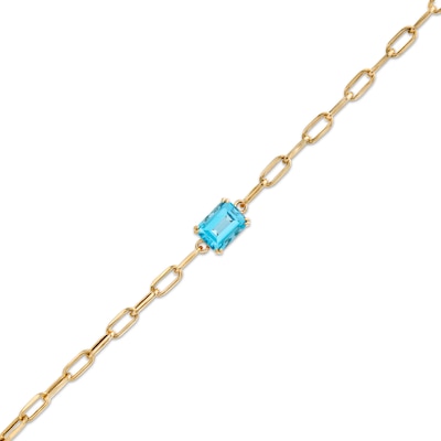 Emerald-Cut Swiss Blue Topaz Solitaire and Paper Clip Chain Bracelet in 10K Gold - 7.25"