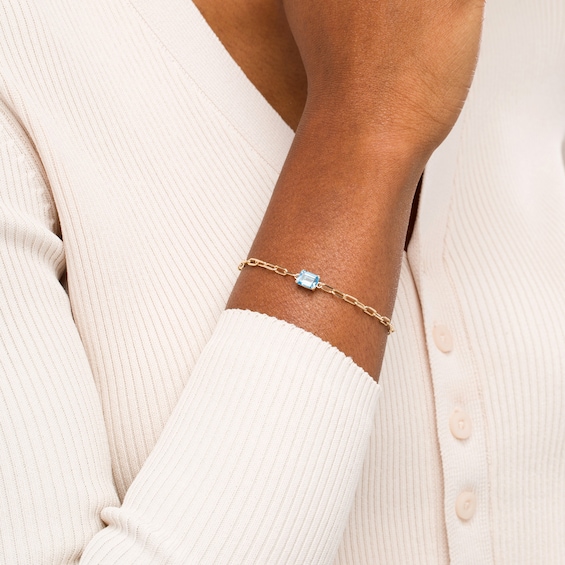 Emerald-Cut Swiss Blue Topaz Solitaire and Paper Clip Chain Bracelet in 10K Gold - 7.25"