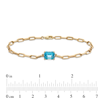 Emerald-Cut Swiss Blue Topaz Solitaire and Paper Clip Chain Bracelet in 10K Gold - 7.25"