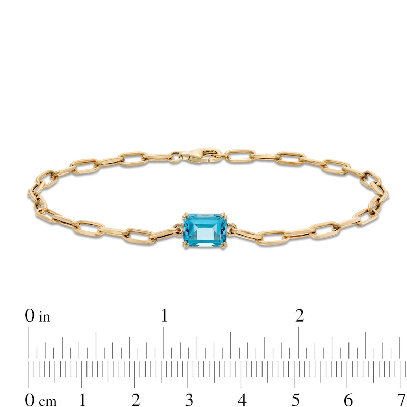 Emerald-Cut Swiss Blue Topaz Solitaire and Paper Clip Chain Bracelet in 10K Gold - 7.25"