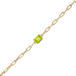 Emerald-Cut Peridot Solitaire and Paper Clip Chain Bracelet in 10K Gold - 7.25"