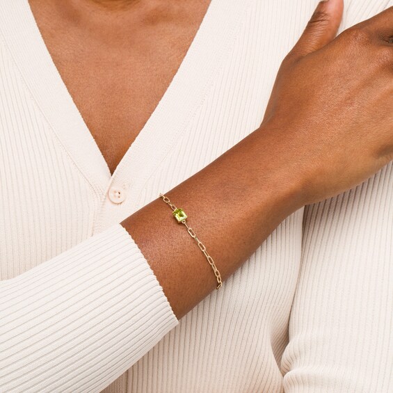 Emerald-Cut Peridot Solitaire and Paper Clip Chain Bracelet in 10K Gold - 7.25"