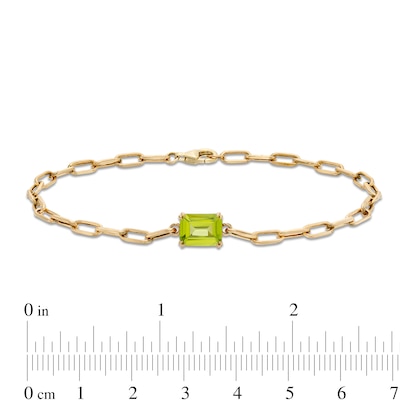 Emerald-Cut Peridot Solitaire and Paper Clip Chain Bracelet in 10K Gold - 7.25"