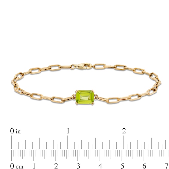 Emerald-Cut Peridot Solitaire and Paper Clip Chain Bracelet in 10K Gold - 7.25"