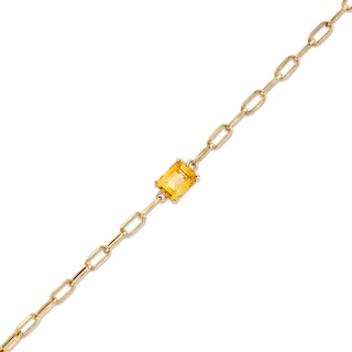 Emerald-Cut Citrine Solitaire and Paper Clip Chain Bracelet in 10K Gold - 7.25"