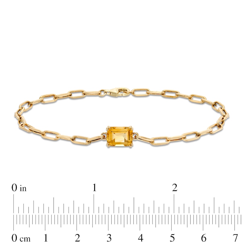 Emerald-Cut Citrine Solitaire and Paper Clip Chain Bracelet in 10K Gold - 7.25"