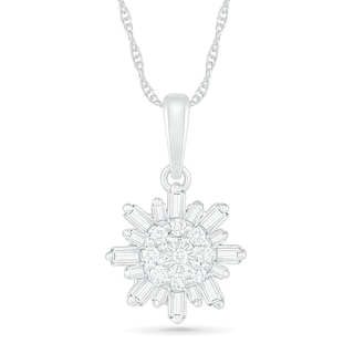 0.23 CT. T.W. Baguette and Round Diamond Snowflake Pendant in 10K White Gold