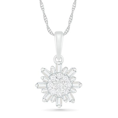 0.23 CT. T.W. Baguette and Round Diamond Snowflake Pendant in 10K White Gold