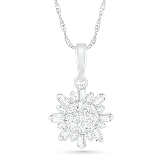 0.23 CT. T.W. Baguette and Round Diamond Snowflake Pendant in 10K White Gold