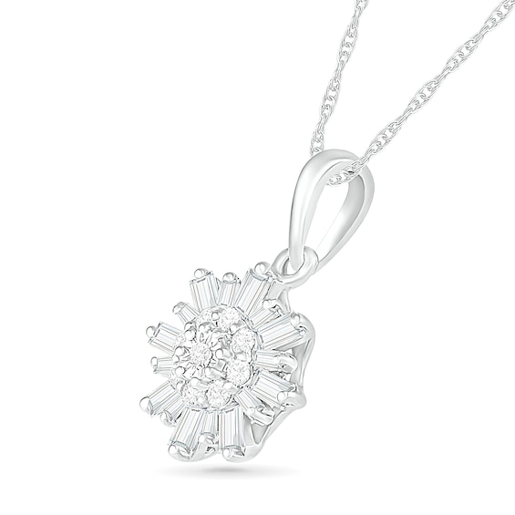 0.23 CT. T.W. Baguette and Round Diamond Snowflake Pendant in 10K White Gold