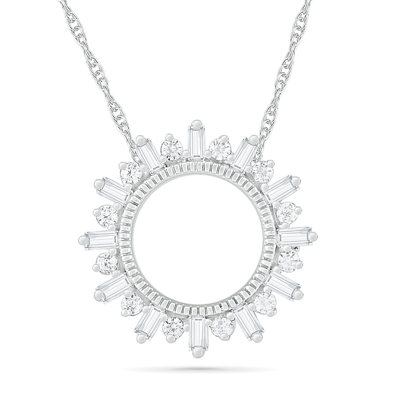 0.23 CT. T.W. Baguette and Round Diamond Circle Sunburst Pendant in 10K White Gold|Peoples Jewellers