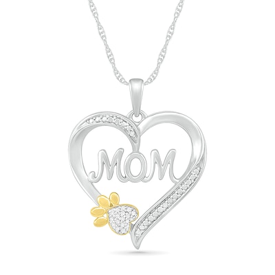 Diamond Accent Heart "Mom" with Paw Pendant in Sterling Silver and 10K Gold