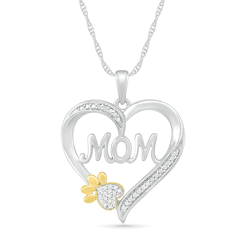 Diamond Accent Heart "Mom" with Paw Pendant in Sterling Silver and 10K Gold