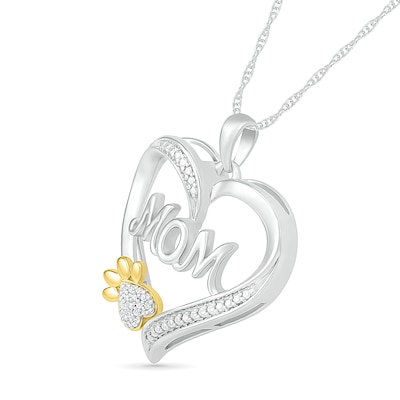 Diamond Accent Heart "Mom" with Paw Pendant in Sterling Silver and 10K Gold