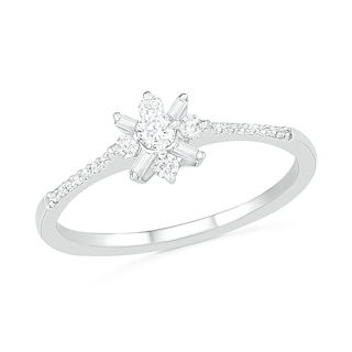 0.23 CT. T.W. Baguette and Round Diamond Flower Promise Ring in 10K White Gold