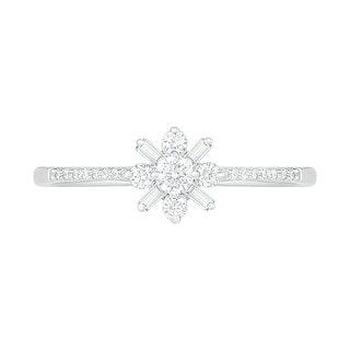 0.23 CT. T.W. Baguette and Round Diamond Flower Promise Ring in 10K White Gold