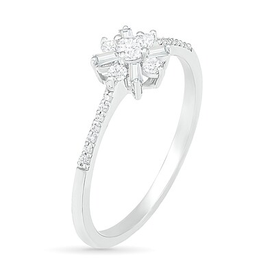 0.23 CT. T.W. Baguette and Round Diamond Flower Promise Ring in 10K White Gold