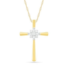 0.085 CT. T.W. Baguette and Round Diamond Cross Sunburst Pendant in 10K Gold