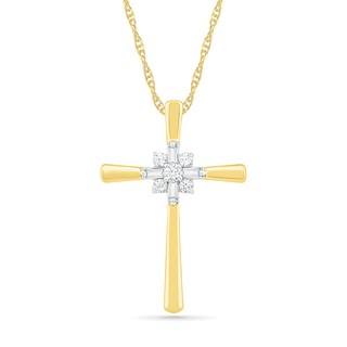 0.085 CT. T.W. Baguette and Round Diamond Cross Sunburst Pendant in 10K Gold