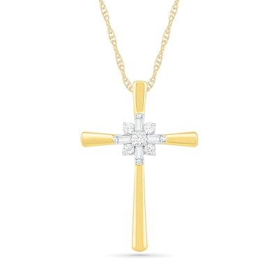 0.085 CT. T.W. Baguette and Round Diamond Cross Sunburst Pendant in 10K Gold