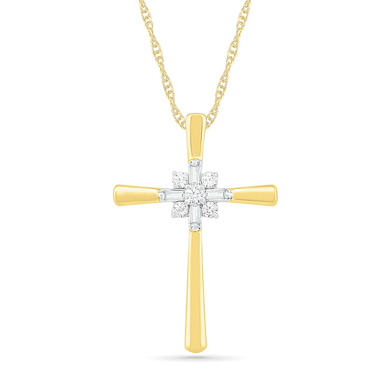 0.085 CT. T.W. Baguette and Round Diamond Cross Sunburst Pendant in 10K Gold|Peoples Jewellers