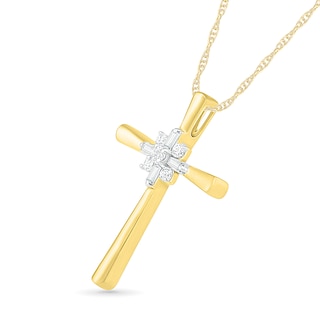 0.085 CT. T.W. Baguette and Round Diamond Cross Sunburst Pendant in 10K Gold