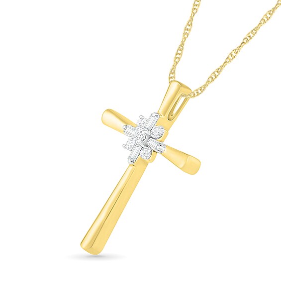 0.085 CT. T.W. Baguette and Round Diamond Cross Sunburst Pendant in 10K Gold