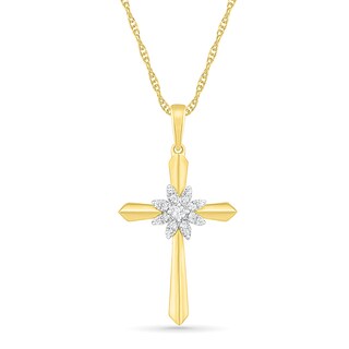 0.085 CT. T.W. Diamond Flower Cross Pendant in 10K Gold