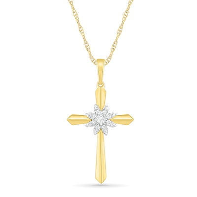 0.085 CT. T.W. Diamond Flower Cross Pendant in 10K Gold