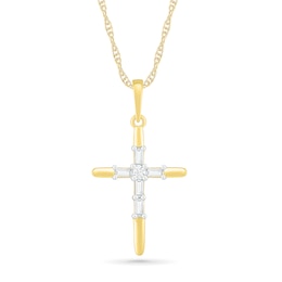 0.065 CT. T.W. Baguette and Round Diamond Cross Pendant in 10K Gold