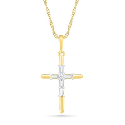 0.065 CT. T.W. Baguette and Round Diamond Cross Pendant in 10K Gold