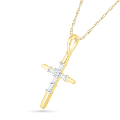 0.065 CT. T.W. Baguette and Round Diamond Cross Pendant in 10K Gold