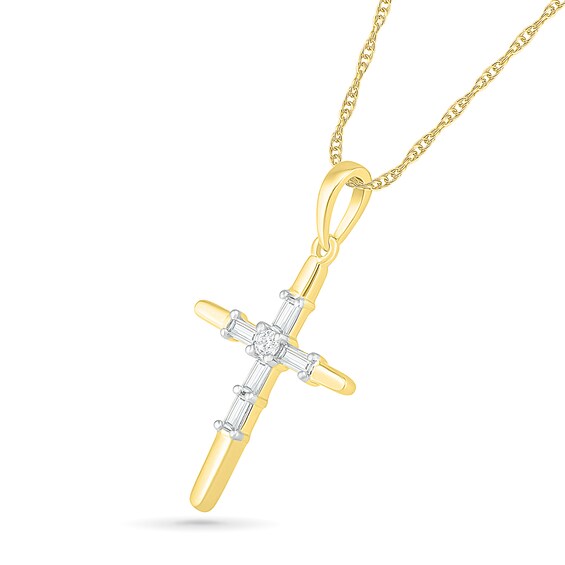 0.065 CT. T.W. Baguette and Round Diamond Cross Pendant in 10K Gold