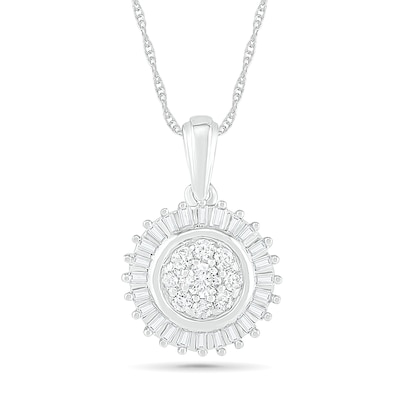 0.38 CT. T.W. Composite Baguette and Round Diamond Sunburst Pendant in 10K White Gold