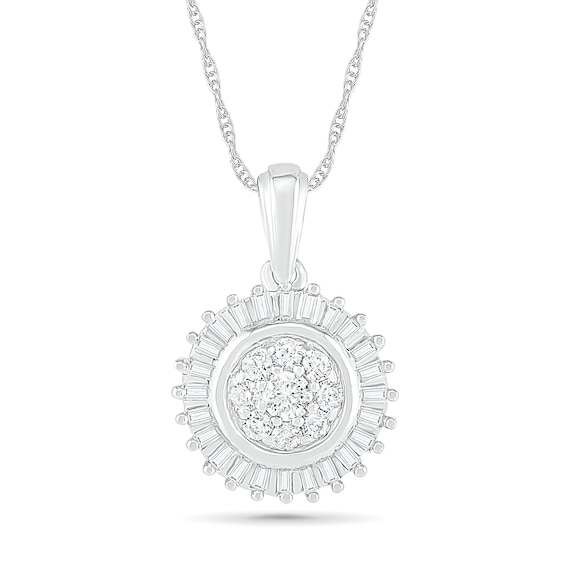 0.38 CT. T.W. Composite Baguette and Round Diamond Sunburst Pendant in 10K White Gold