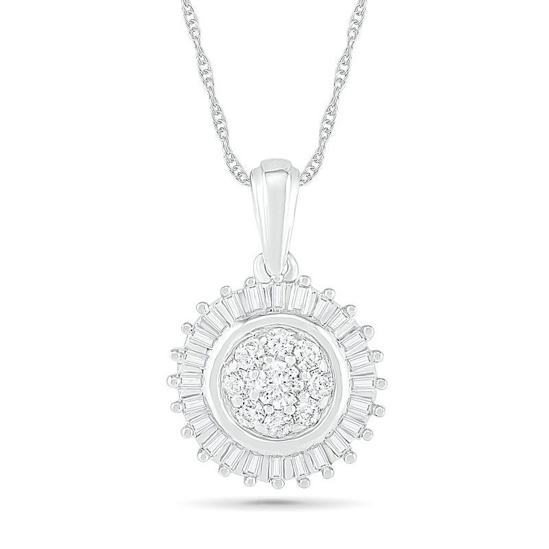 0.38 CT. T.W. Composite Baguette and Round Diamond Sunburst Pendant in 10K White Gold|Peoples Jewellers