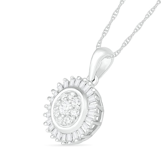 0.38 CT. T.W. Composite Baguette and Round Diamond Sunburst Pendant in 10K White Gold