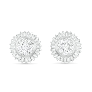 0.58 CT. T.W. Composite Baguette and Round Diamond Sunburst Stud Earrings in 10K White Gold