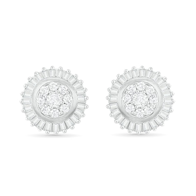 0.58 CT. T.W. Composite Baguette and Round Diamond Sunburst Stud Earrings in 10K White Gold