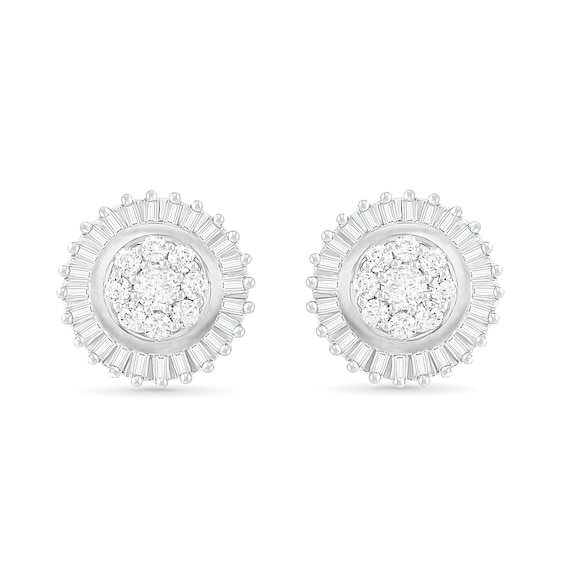 0.58 CT. T.W. Composite Baguette and Round Diamond Sunburst Stud Earrings in 10K White Gold