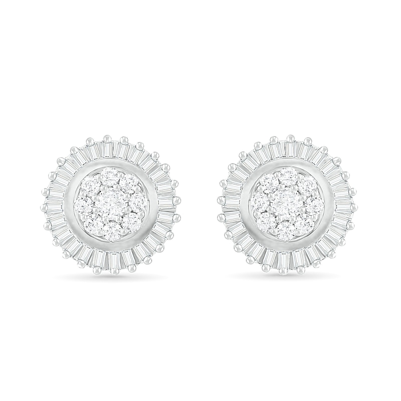 0.58 CT. T.W. Composite Baguette and Round Diamond Sunburst Stud Earrings in 10K White Gold|Peoples Jewellers