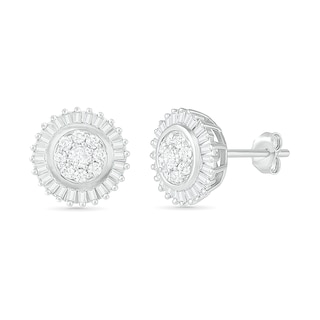 0.58 CT. T.W. Composite Baguette and Round Diamond Sunburst Stud Earrings in 10K White Gold