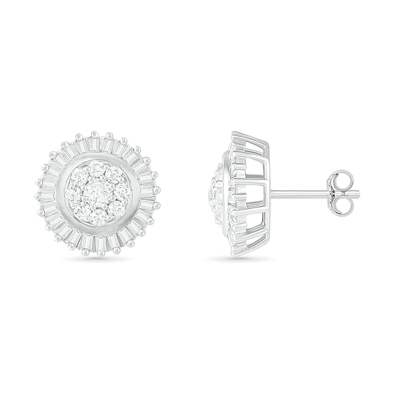 0.58 CT. T.W. Composite Baguette and Round Diamond Sunburst Stud Earrings in 10K White Gold