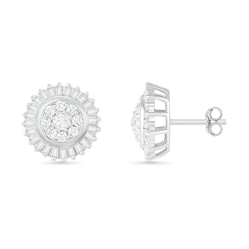 0.58 CT. T.W. Composite Baguette and Round Diamond Sunburst Stud Earrings in 10K White Gold|Peoples Jewellers