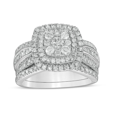 1.23 CT. T.W. Cushion Multi-Diamond Double Frame Bridal Set in 10K White Gold